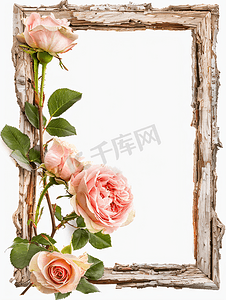 白色背景下旧木框中的玫瑰图片
