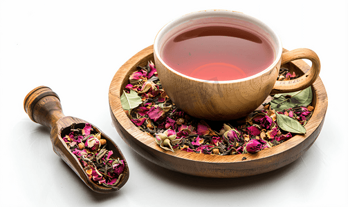 苏丹摄影照片_干叶苏丹玫瑰木盘和一杯泡好的茶在白草药茶卡卡德