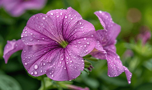 植物上的水滴摄影照片_矮牵牛花花瓣上雨滴的特写