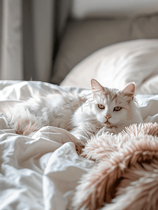 宠物答疑摄影照片_一只毛茸茸的白猫躺在床上准备起床