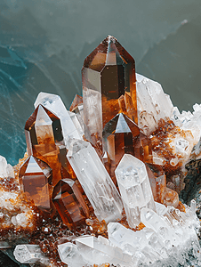 斧石晶体和晶簇中的石英晶体