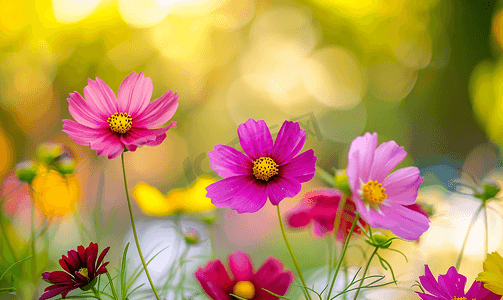 夏日风景背景下的彩色波斯菊花朵