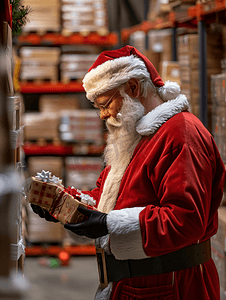 圣诞老人在仓库里忙着订购圣诞礼物