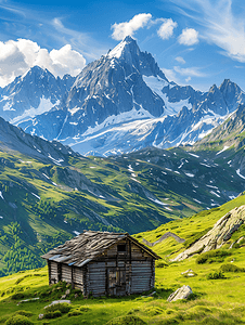 阿尔卑斯山的木屋背景是山脉全景