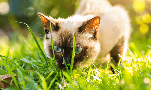 坐着的猫摄影照片_家可爱的暹罗猫长着绿色的草猫吃草