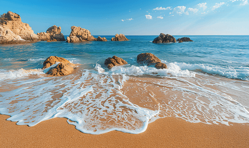 布拉瓦摄影照片_西班牙布拉瓦海岸加泰罗尼亚地中海的沿海景观和田园诗般的海滩
