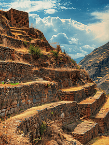 秘鲁皮萨克山上有露台的古印加城堡遗址