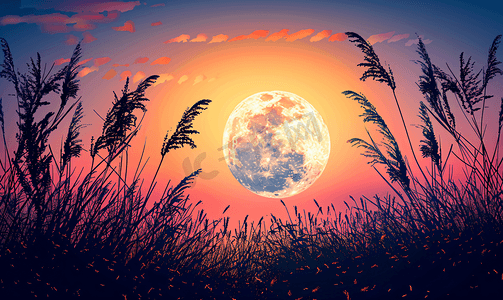 日落或日出与草、灌木和月亮的轮廓