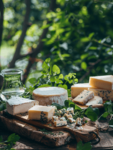 奶酪背景摄影照片_绿叶背景下的木质背景上不同类型的奶酪
