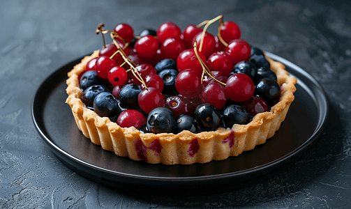 黑色陶瓷盘上配有蓝莓樱桃葡萄的美味新鲜馅饼