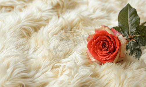 情人节红色可爱摄影照片_毛皮背景上孤立的孤立玫瑰花