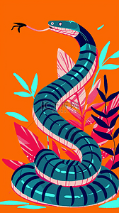 蛇年扁平国潮新年花草丛里的卡通花蛇背景图