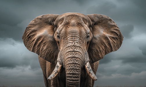 大象图腾摄影照片_多云天空上的大象肖像