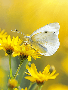 坐在黄色花朵上的白菜蝴蝶的特写