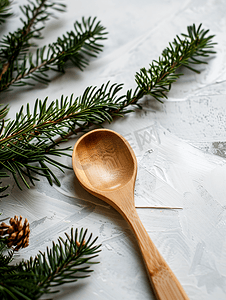 木勺和松树背景圣诞节背景概念