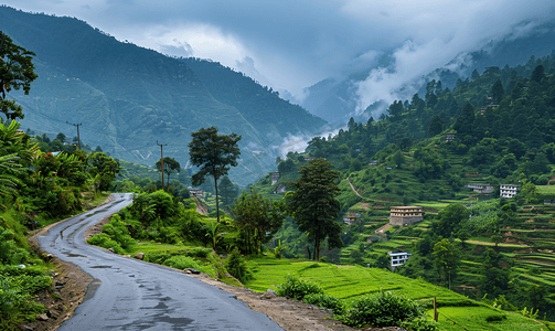 喜马拉雅山村的道路与绿化自然