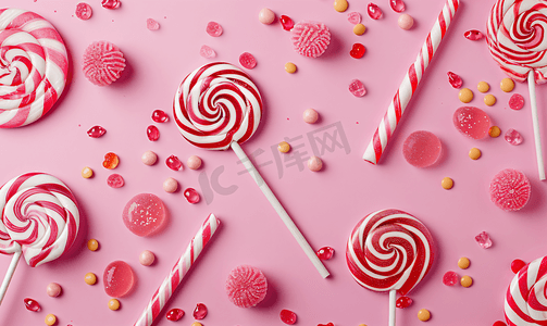 粉红色背景中的甜棒棒糖和糖果