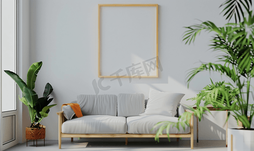 家居海报摄影照片_垂直空框图片模型与室内植物和沙发空白室内相框