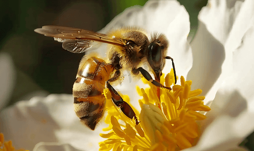 蜜蜂在花园里盛开的黄花中采集花粉