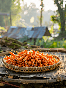 圆形竹盘上的新鲜有机和不完美的胡萝卜在传统市场上出售
