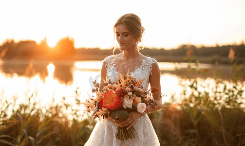 日落时分新娘手捧花背景是美丽的大湖乡村婚礼