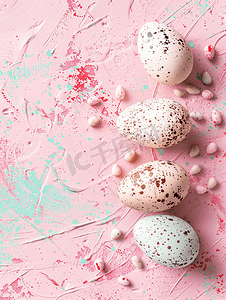 可爱创意背景摄影照片_复活节快乐概念平铺在粉红色混凝土背景上的复活节彩蛋