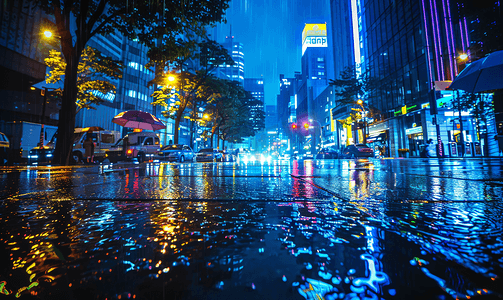霓虹雨光下的城市夜景