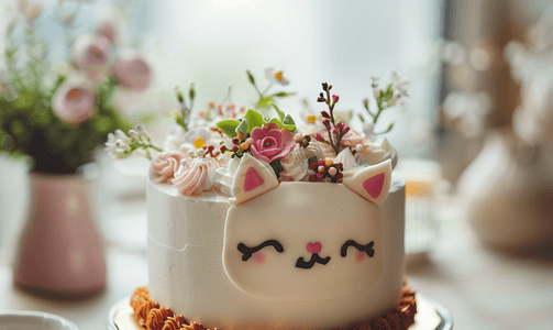 最小的生日蛋糕上面装饰着可爱的脸猫和小花