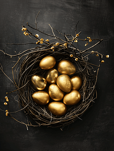 黑色鸟巢中的金色复活节彩蛋
