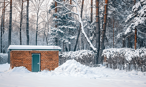 雪天庭院砖村厕所与墙冬季景观后院