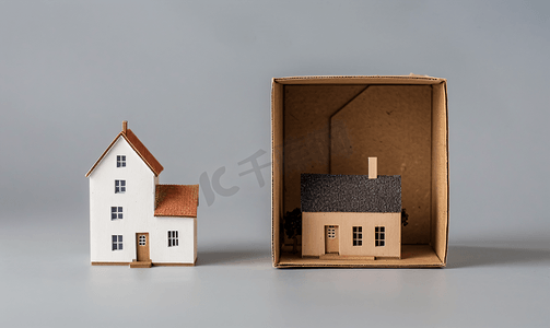 孔棕色盒子里的小房子和大微型房子