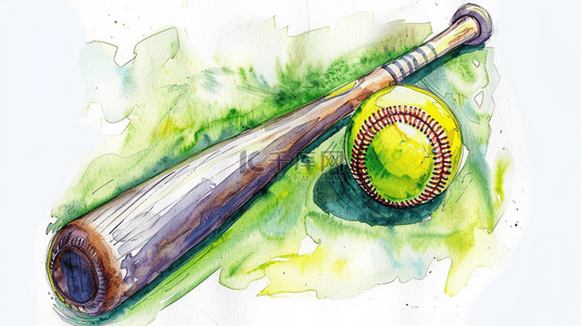 水彩棒球运动棒球球棒和棒球背景