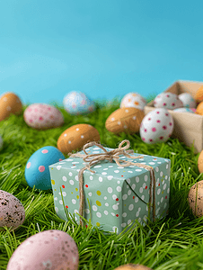 草地上的复活节彩蛋和礼品盒