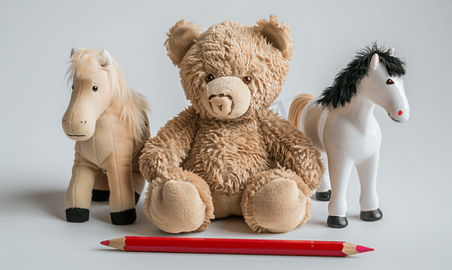 有红色铅笔和马的泰迪熊