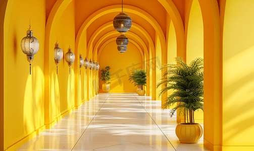 风景柱子摄影照片_带灯笼的黄色拱门柱廊概念照片