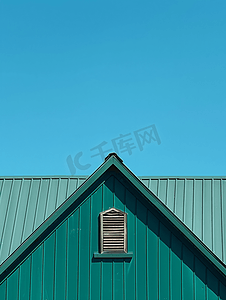 房屋绿色背景摄影照片_绿色屋顶山墙的对称细节照片显示通风板和蓝天