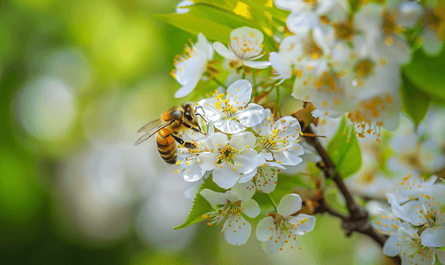 蜜蜂坐在美丽的樱花树枝上