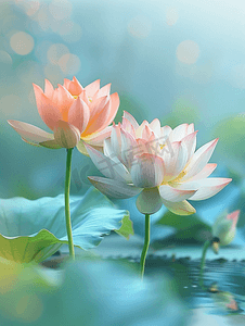 精致莲花灯摄影照片_池塘里美丽的两朵莲花