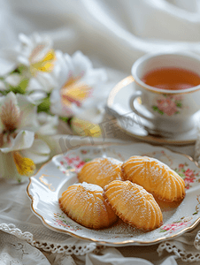 回弹海绵摄影照片_法式玛德琳饼干蛋糕黄油味十足精致可口配上一杯茶