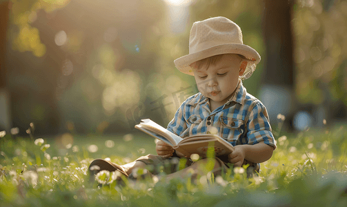 一个可爱的孩子正在公园里读书