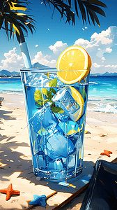 冰块蓝色背景背景图片_蓝色清凉夏日沙滩上一杯冷饮冰饮背景