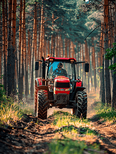 夏季森林用红色拖拉机进行森林卫生清洁