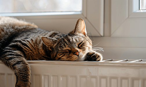天猫预热摄影照片_天冷的时候猫躺在儿童房的暖气片上