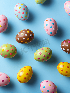 复活节狩猎概念平铺巧克力彩色鸡蛋在蓝色背景上俯瞰