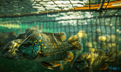 生蚝捕捞摄影照片_泰国网箱养鱼场的新鲜罗非鱼