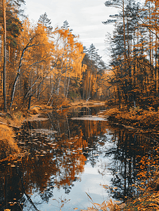 秋天森林里的一个小湖和一条小溪