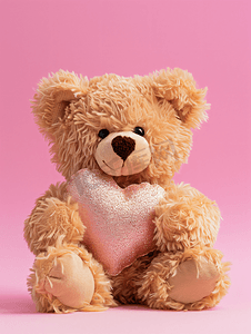 泰迪熊泰迪熊的爪子里抱着一颗毛茸茸的心粉色背景