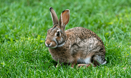 草地上的一只野兔看着相机