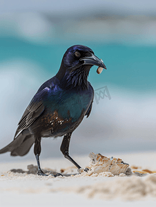 大尾鹩哥鸟在墨西哥海滩上吃萨尔加佐