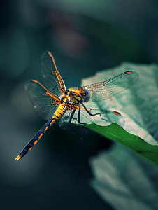 夏龙摄影照片_白天蜻蜓栖息在一片叶子上的特写